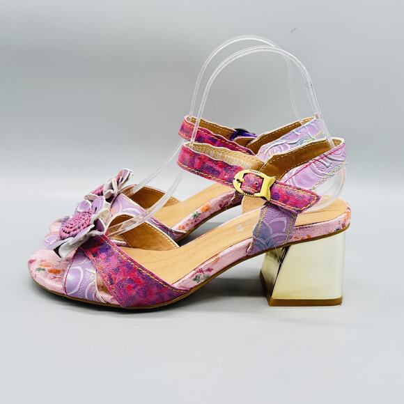 Spring Step L'Artiste Sandals Womens 7.5 Pink Flower Embellished Slingback Heel - Picture 4 of 12